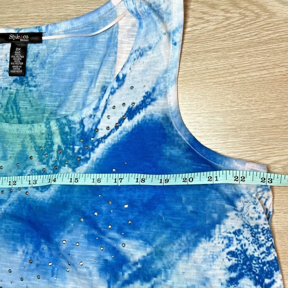 Style & Co Tank Top Women's 2X Blue Green White Sleeveless Beaded Asymmetric Hem - Picture 9 of 11